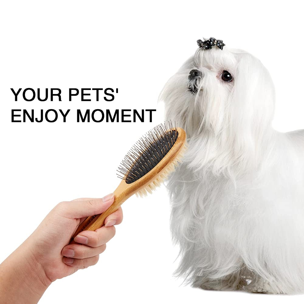 Dog Brush Cat Brush, Double Sided Bristle and Pin Pet Brush for Dog Grooming, Real Boar Bristle Shedding Brush with Bamboo Handle for Long Short Hair, 2 Pack Dog Comb, White