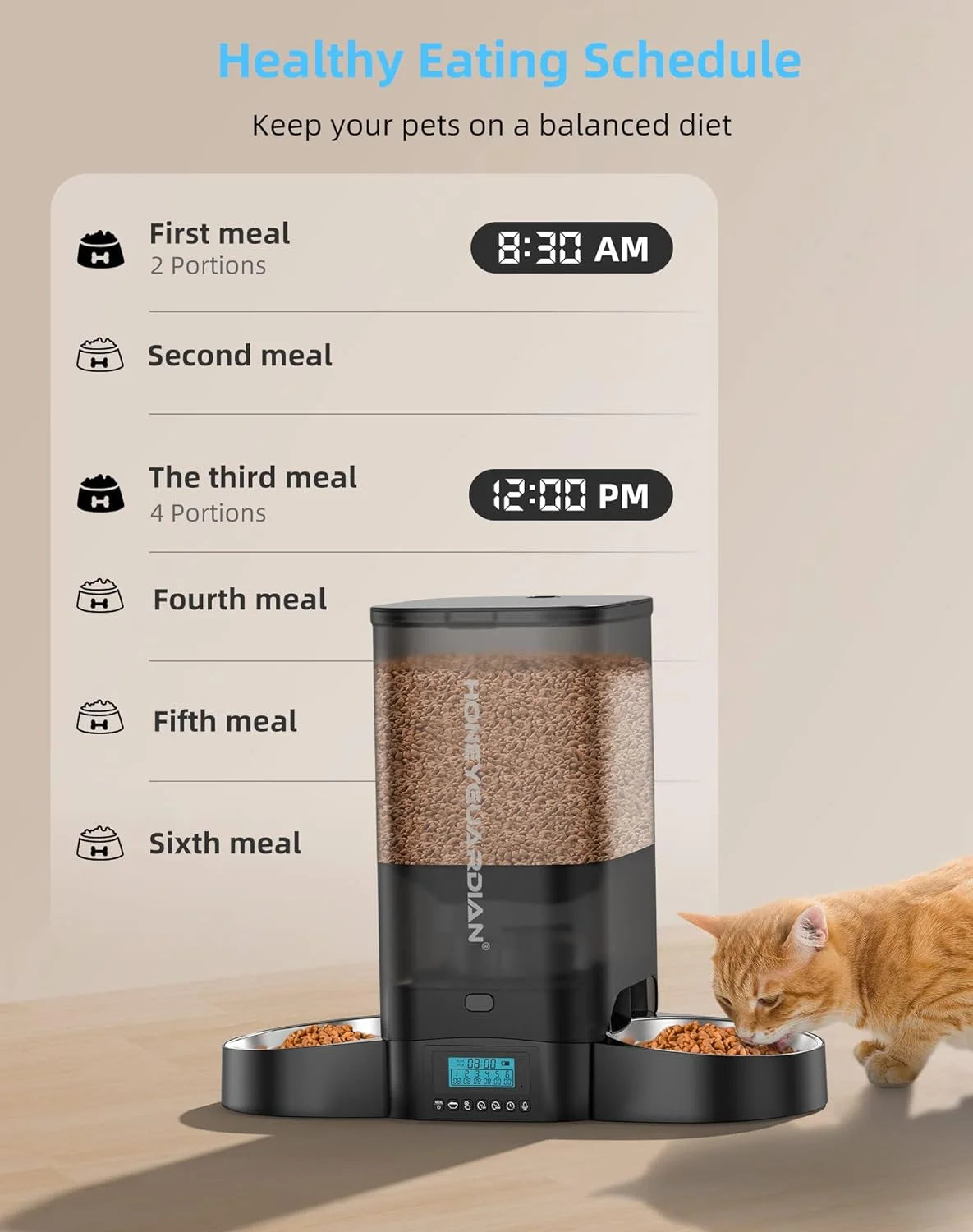 5L Large Capacity  Automatic Cat Feeder for Two Cats,5L Cat Food Dispenser with Slow Feeder Bowl, Timed Cat Feeder Programmable 1-6 Meals Control, Dual Power Supply, 10S Meal Call White