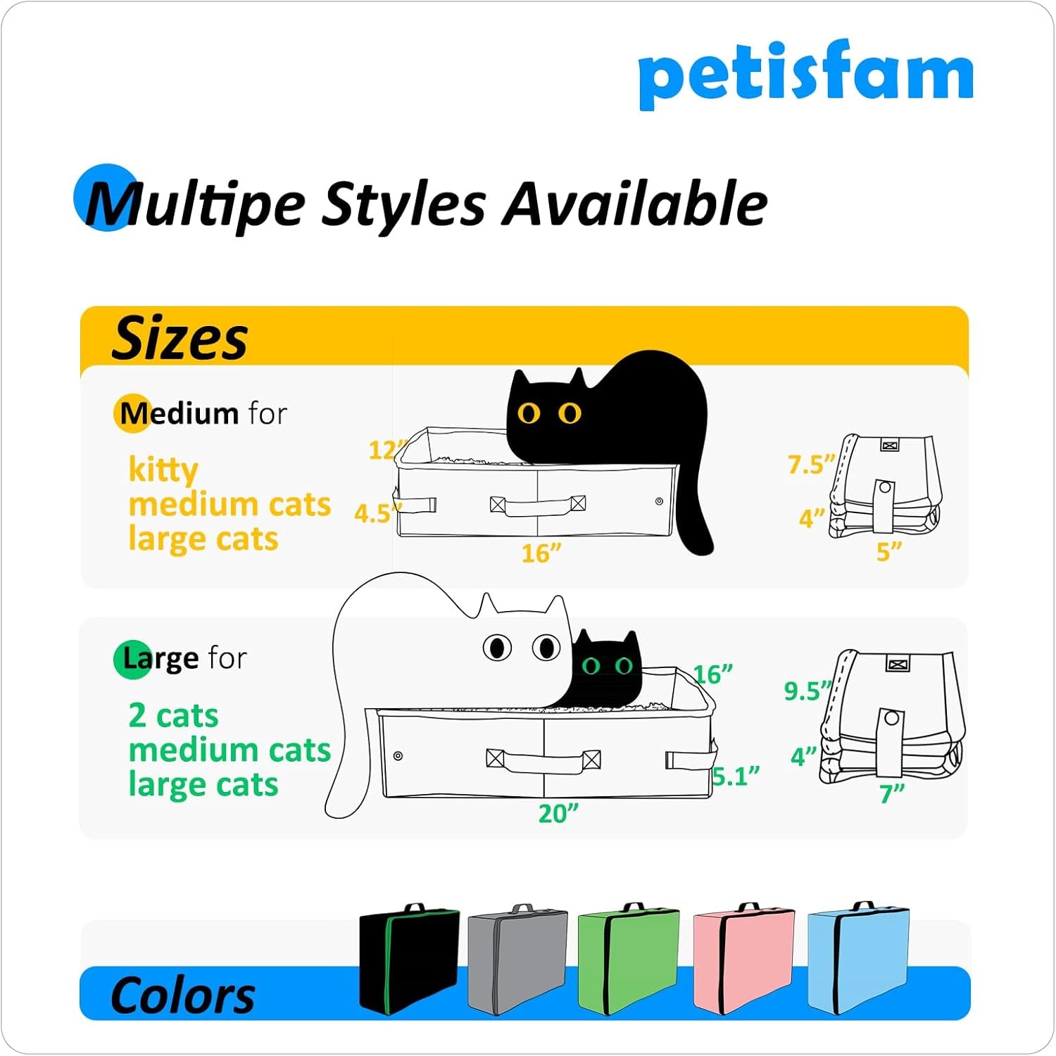 Large Portable Cat Travel Litter Box with Zipperd Top for Medium, Large or Multiple Cats. Odor Control, Leak-Proof, Lightweight for Easy Carry, Easy Storage, Easy to Clean
