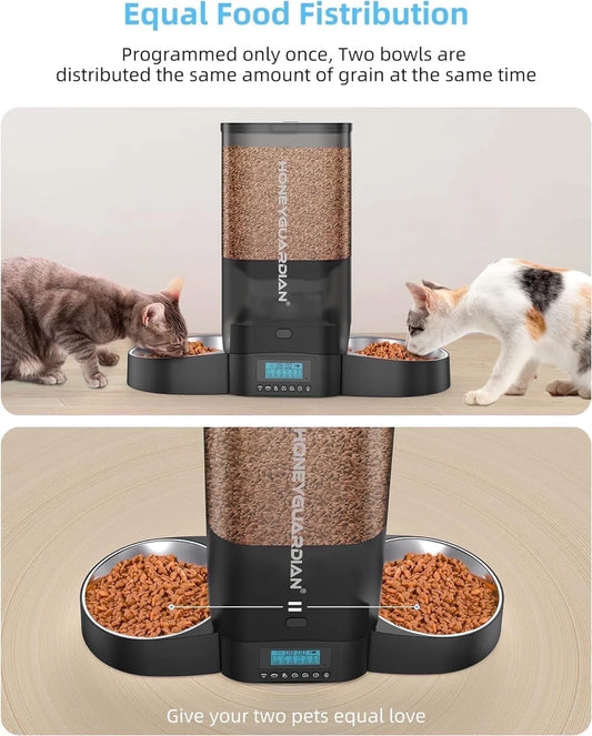 5L Large Capacity  Automatic Cat Feeder for Two Cats,5L Cat Food Dispenser with Slow Feeder Bowl, Timed Cat Feeder Programmable 1-6 Meals Control, Dual Power Supply, 10S Meal Call White