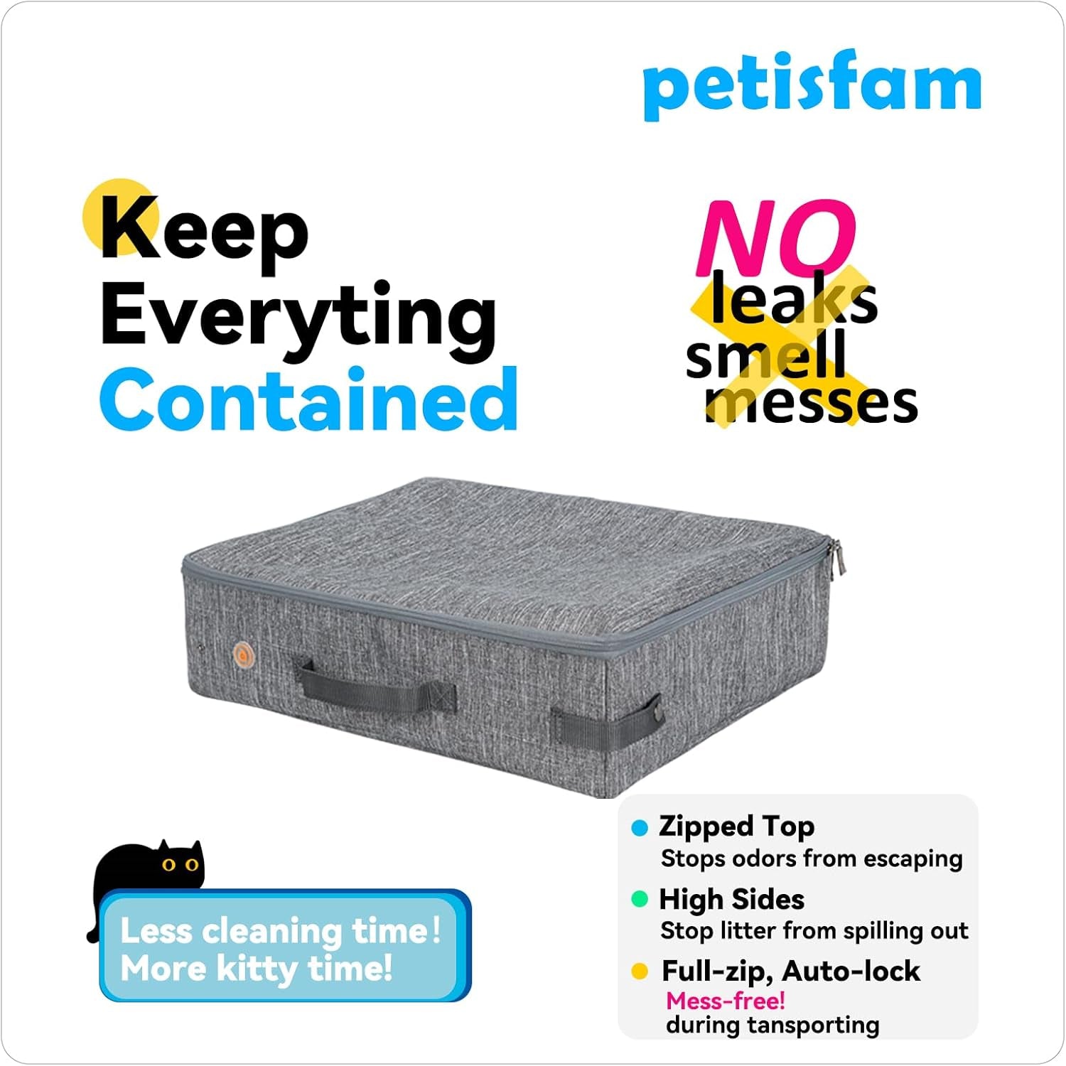 Large Portable Cat Travel Litter Box with Zipperd Top for Medium, Large or Multiple Cats. Odor Control, Leak-Proof, Lightweight for Easy Carry, Easy Storage, Easy to Clean