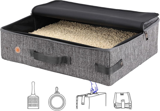 Large Portable Cat Travel Litter Box with Zipperd Top for Medium, Large or Multiple Cats. Odor Control, Leak-Proof, Lightweight for Easy Carry, Easy Storage, Easy to Clean